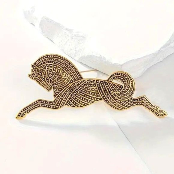 Horse Brooch VTG Art Deco Style Pin Textured Trojan Gold / Silver Metal Egyptian - Picture 3 of 5